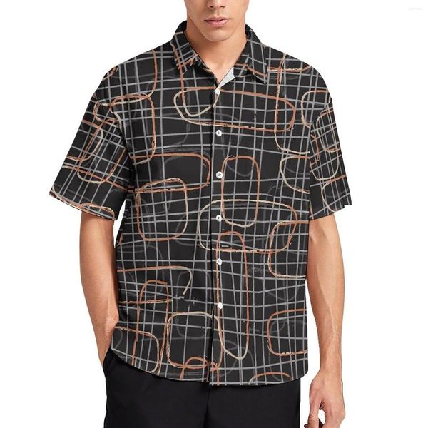 Camisas Casuais Masculinas Camisa com Estampa de Corrente Elos Vintage Praia Solta Verão Blusas Estilo Rua Manga Curta Gráfico Roupas Grandes