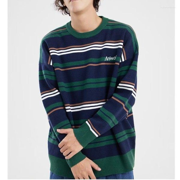 Erkek Sweaters Vintage Çizgili Örgü Sweater Kış Birleştirilmiş Örgü Japon Tarzı Sokak Giyim Büyük Boy Külot UNISEX