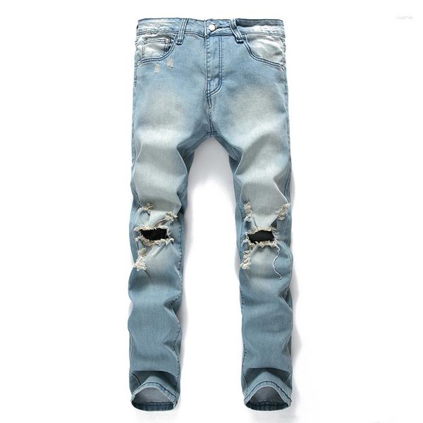 Jeans da uomo Jeans strappati Pantaloni da motociclista Jeans dritti sfilacciati con foro per il ginocchio Pantaloni casual Moda uomo Vestiti lunghi di grandi dimensioni