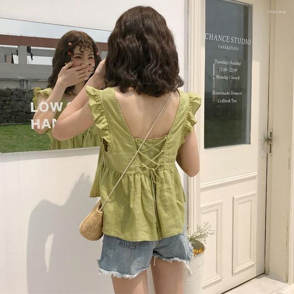 Canotte da donna Solid Ladies Girl Halter Harajuku Basic Female Cute Y2K Streetwear Cami Vest Tee Summer Korean Ruffles Canotta verde