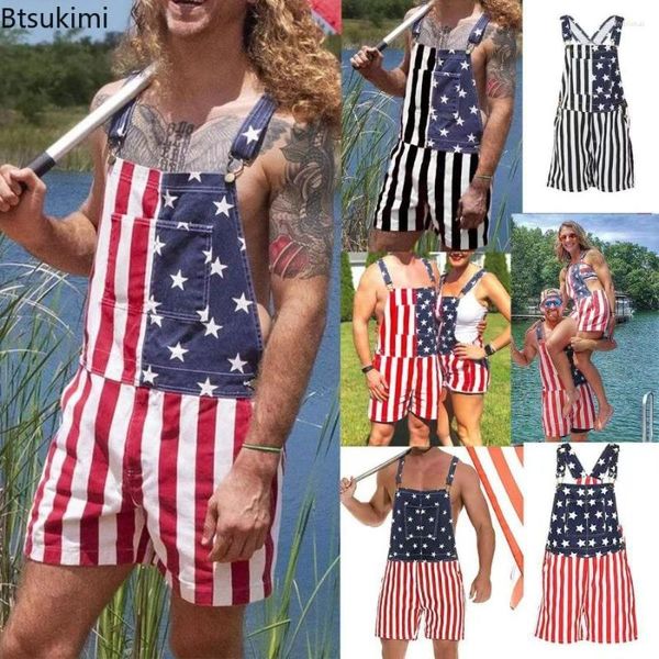 Herren Jeans 2023 Independence Day Overalls Jumpsuit lässige patriotisch gedruckte amerikanische Flagge gestreifte Rompers Men Hosen Hosen