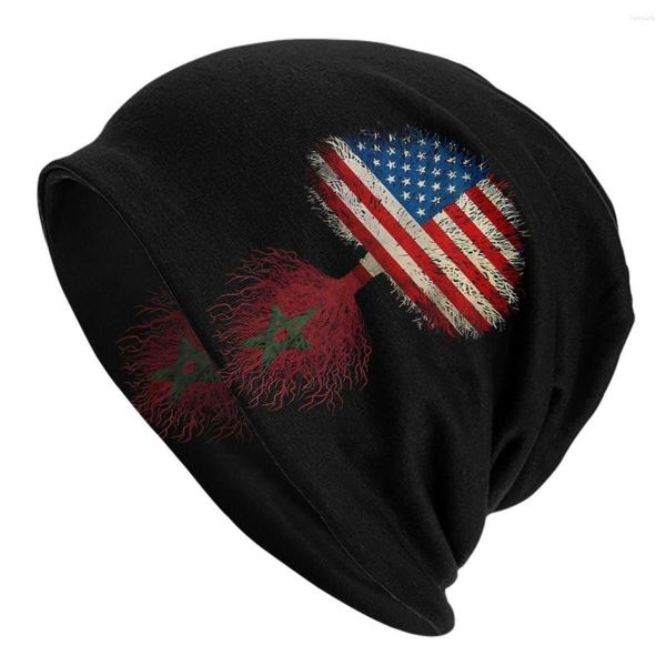 Boinas Bandeira de Marrocos Outono Primavera Chapéus Americano EUA Raízes de Árvore Chapéu Fino Boné Hipster Skullies Gorros Bonés Homens Mulheres Protetores de Ouvido