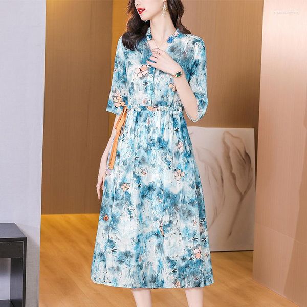 Casual Kleider 2023 Sommer Temperament V-ausschnitt Tinte Malerei A-linie Rock Frauen Mode Elegante Kleid Koreanische Büro Dame