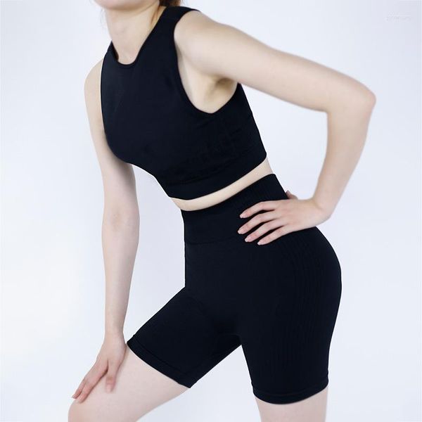Conjuntos ativos Conjunto de esportes para ioga Sutiãs de fitness Shorts de cintura alta Regata Envoltório Levantamento de quadril Sólido Curto