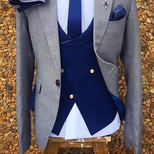 Herrenanzüge Grauer formeller Bräutigam-Smoking für Hochzeit Slim Fit italienische Männer mit königsblauer Hose Weste Männliche Modekostümjacke