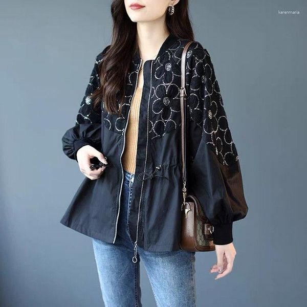 Jaquetas femininas rendas costuradas lantejoulas casaco bordado 2023 primavera moda coreana com cordão cardigã casual top feminino
