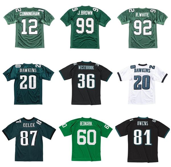 Dikişli Futbol Forması 12 Randall Cunningham 92 Reggie Beyaz 99 Jerome Brown 7 Vick 60 Bednarik 17 Carmichael 66 Bergey 1960-2009 Mesh Retro Rugby Forma S-6XL