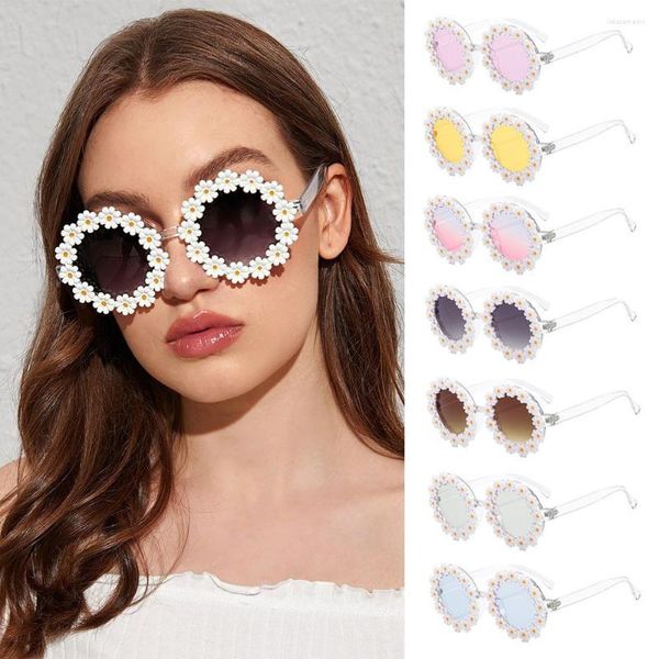 Óculos de sol Retro Daisy for Women Flor Round Frame Sun Glasses Fashion Novel Disco Festival Party Shades Adultos