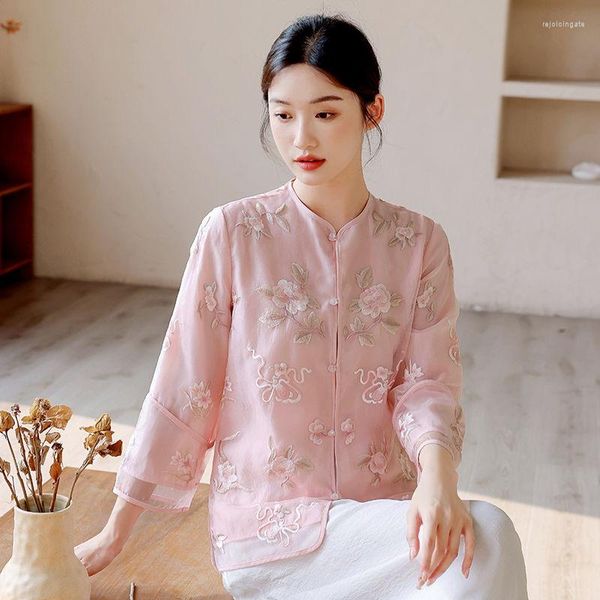 Jaquetas Femininas 2023 Estilo Chinês Retrô Bordado Organza Jaqueta Camisa Tang Melhorada Moda Nacional Moda Nacional Cardigã Feminino Elegante Top