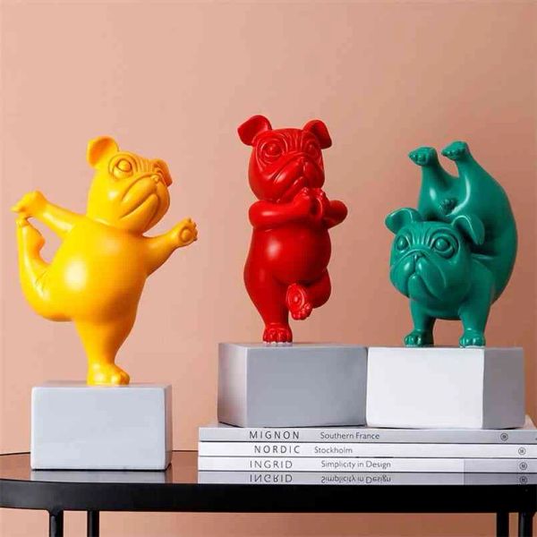 Lovely Yoga Bulldog francese Statua Figurine in resina Nordic Creativo Cartoon Animali Scultura Decorazioni per la camera dei bambini Artigianato 210823