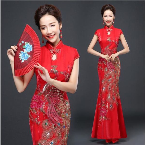 Cinese stile giapponese matrimonio rosso modificato corpo sottile sposa elegante abbigliamento fishtail cheongsam abito lungo spettacolo ambulante costume307x