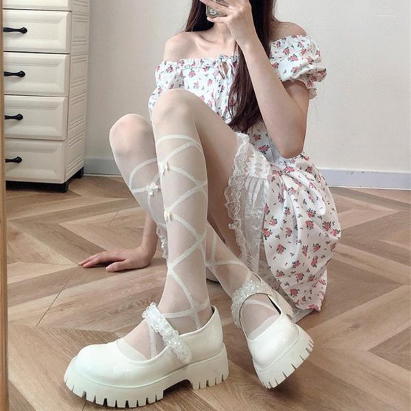 Calze da donna Sexy JK Japan Style Cute Bow Bandage Calze di nylon Lingerie Mesh Lolita Sweet Girls Collant bianchi Collant con cintura