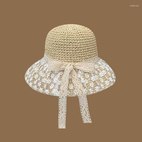 Cappelli a tesa larga Cappello di paglia carino con fiocco in pizzo Sole Versatile Fiori margherita Parasole Pieghevole Secchiello per ragazze da vacanza al mare