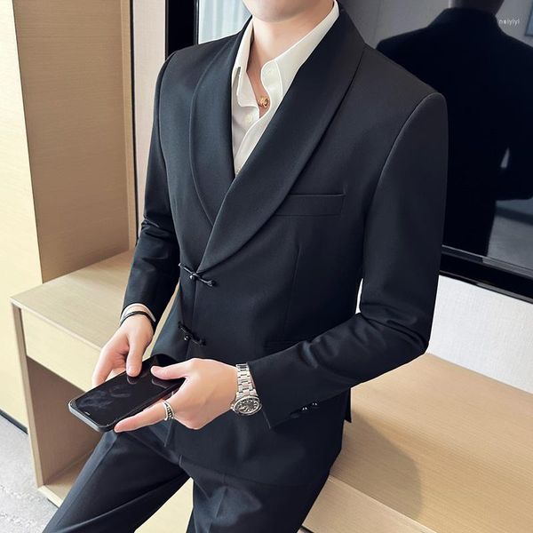 Abiti da uomo in stile cinese Fibbia a disco Design Business Casual Blazer Giacca coreana sottile di alta qualità Giacca da smoking formale di marca