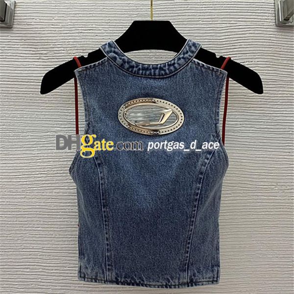 Top in denim di design T-shirt senza maniche da donna T-shirt senza maniche sexy con design a lettera a petto vuoto Halter Gilet estivo blu senza schienale213o