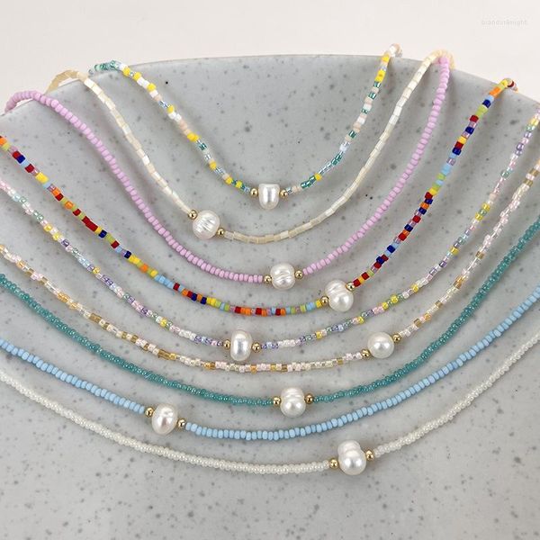 Girocollo ALLME Collana con perline in pietra naturale multicolore della Boemia per donna Gioielli da spiaggia con perle d'acqua dolce reali
