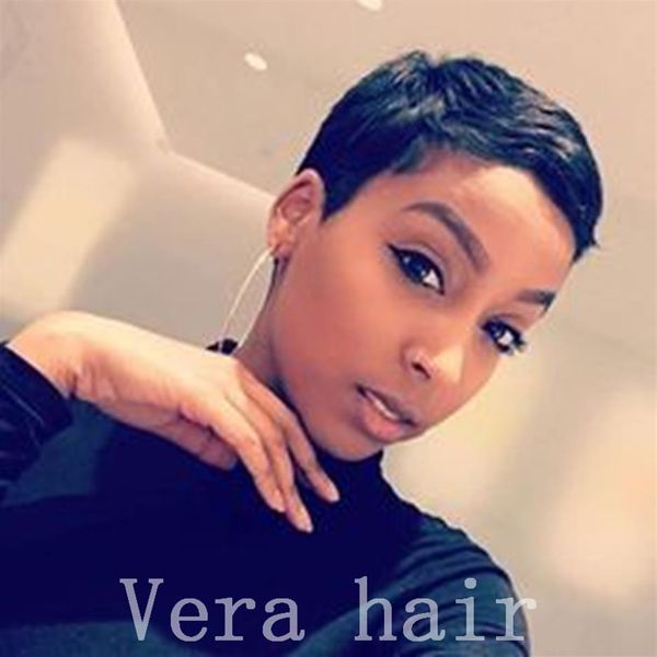 Parrucca corta 100% capelli umani per donne nere Parrucche pixie afroamericane Parrucca capelli lisci neri con frangia laterale Nessuna parrucca in pizzo270c