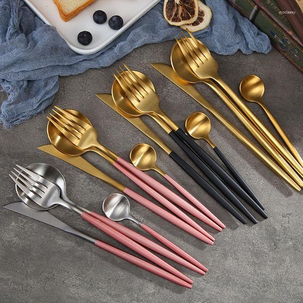 Geschirr-Sets, Schwarzgold, Besteck-Set, Steakmesser, Gabel, Kaffeelöffel, Teelöffel, Dessert, Eis, Rosa, Edelstahl