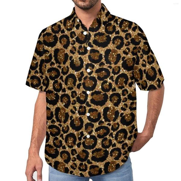 Camisas casuais masculinas com estampa de leopardo brilhante, camisa de praia, blusas havaianas de animais da moda, mangas curtas, roupas padrão plus size