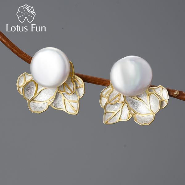 Stud Lotus Fun Incomum Vintage Natural Barroco Pearl Leaves Brincos para Mulheres Real 925 Sterling Silver Original Fashion Jewelry 230729