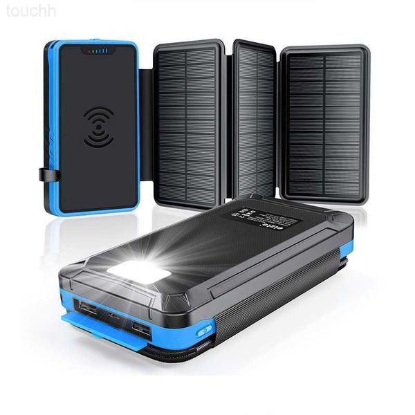 Bancos de energia do telefone celular Banco de energia solar dobrável 20000mAh com 3 painel solar QI carregador sem fio PowerBank para iPhone 13 x Samsung S22 Xiaomi Poverbank L230728