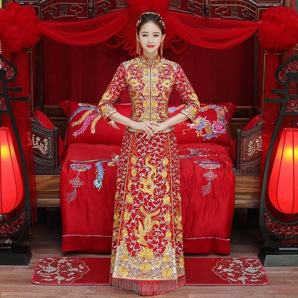 Ethnische Kleidung Drachenkleid Braut Hochzeitskleid Chinesischer Stil Kostüm Phoenix Cheongsam Abendshow Schlank für The194T