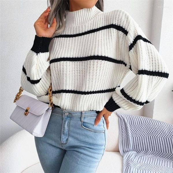 Maglioni da donna 2023 Maglieria Mezzo dolcevita Pullover Top Maglioni europei e americani Donne che indossano Amazon Stripe Contrast Fashion