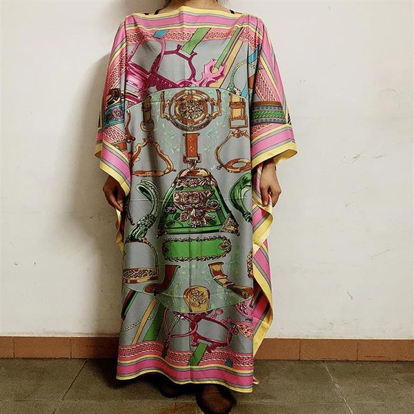 Roupas étnicas Comprimento 130cm Busto 130 Cm Elegante Estampado Seda Caftan Senhora Vestidos Estilo Solto Dashiki Mulheres Muçulmanas Africanas Long339j