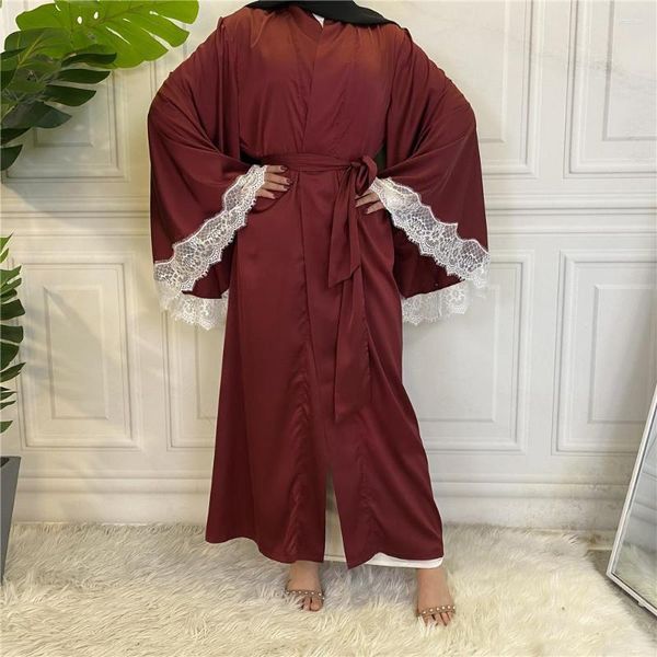 Roupas Étnicas Moda Feminina Renda Cetim Kimono Caridgan Muslim Eid Mubarak Jalabiya Dubai Open Abaya Islâmico Vestido Maxi Robe Vestidos