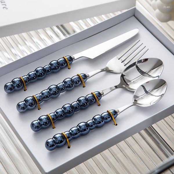 Geschirr Sets 4 stücke Edelstahl Besteck Set Löffel Gabel Messer mit Keramik Perle Griff Western Essen Utensilien Geschirr Hochzeit