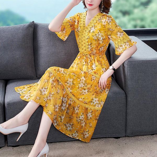 Vestidos casuais 2023 Amarelo Floral Amoreira Seda Decote em V Elegante Vintage Verão Vestido de Festa Feminino Vestidos