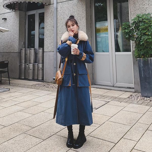 Kadın Trençkotları Kış Parkas Pamuk Giysileri Uzun Sıcak Mavi Velvet Büyük Kürk Yaka Kılı