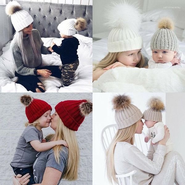 Berretti 2023 Mother Baby Knit Pom Bobble Hat Kids Girls Boys Winter Warm Beanie Caps