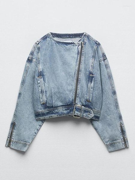 Kadın Ceketleri Zach Aiisa Moda Tasarım Sense Zipper Uzun Kollu Yıkanmış Etki Denim Doku Retro Yüksek Bel Ceket Ceket