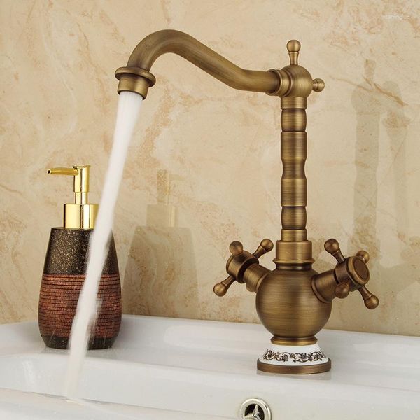 Torneiras de pia de banheiro todas em cobre torneira de lavatório retrô estilo europeu antigo dois pares de torneiras misturadoras de água fria