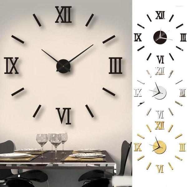 Relógios de parede modernos faça você mesmo interior relógio romano 3D acrílico espelho adesivos quartzo sala de estar relógio decoração de casa murais decalques