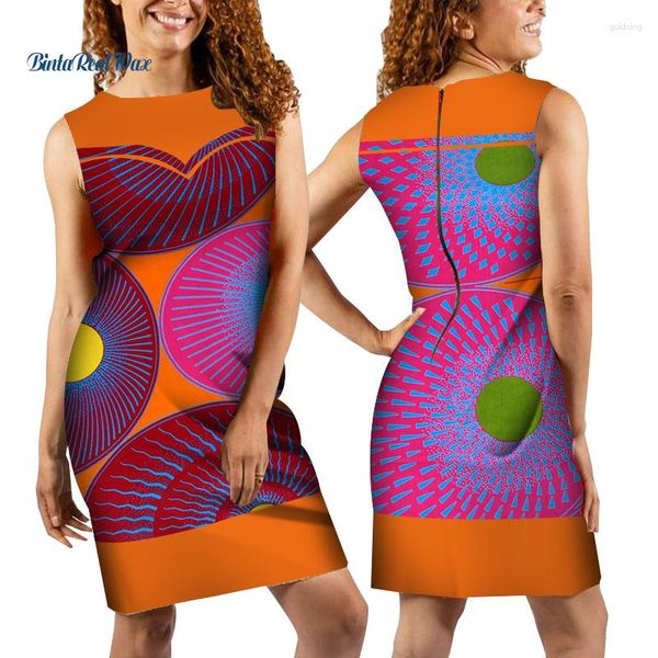 Roupas étnicas Vestidos femininos africanos Bazin Riche Algodão Estampa de cera Joelho - Comprimento Sem mangas Vestido de festa Roupas WY4562