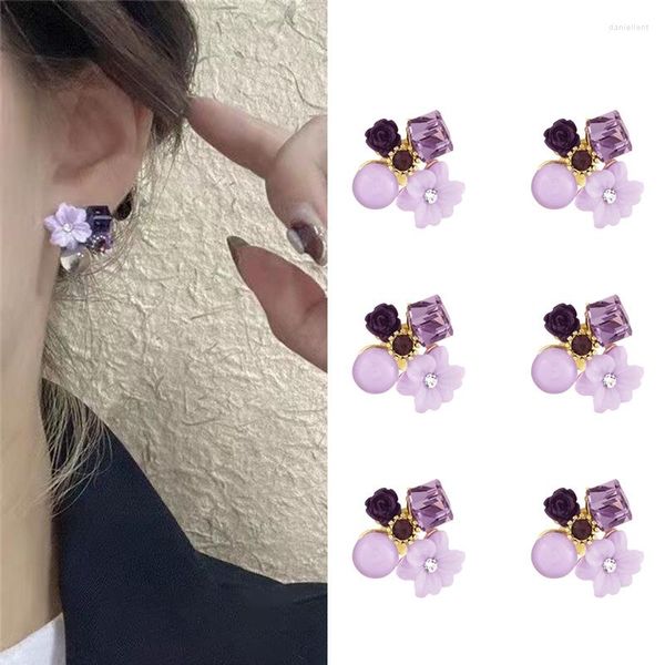 Orecchini a bottone Fiore di cristallo viola nobile per donna 2023 Gioielli di moda coreani Accessori per la festa nuziale della ragazza