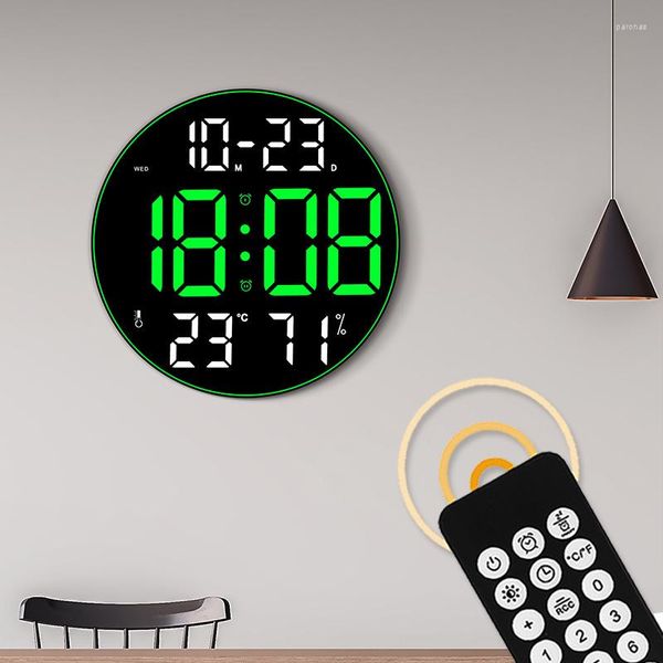 Relógios de parede Redondo Led Relógio Temperatura Umidade Alarme Eletrônico Com Controle Remoto Data Hora Semana Relógio Digital Colorido