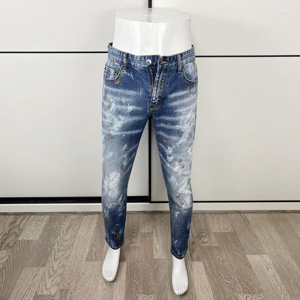 Jeans Masculino High Street Moda Masculino Retro Azul Sujo Lavado Elástico Magro Rasgado Pintado Designer Hip Hop Marca Calças Hombre