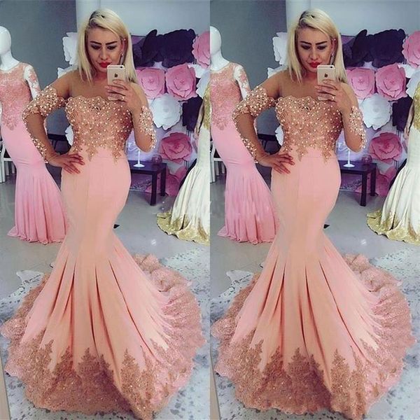 2018 Blush Mermaid Prom Dresses Manica lunga Sweep Train Appliques Perline Abiti da sera lunghi da sera formale Plus Size Vestidos De Fie290i