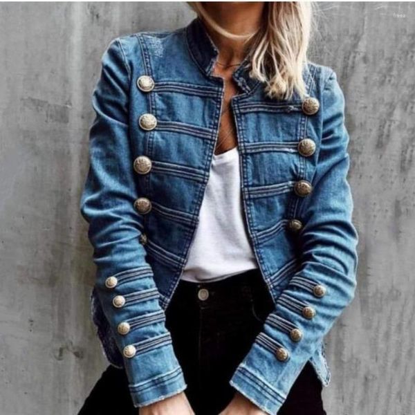 Giacche da donna Giacca di jeans Giacca con fibbia per unghie Nastro doppio petto Bottone di giunzione Cappotto sottile