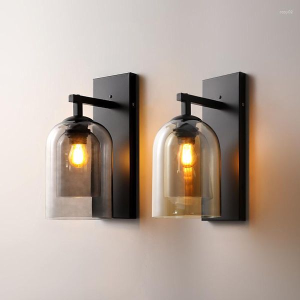 Lampada da parete moderna in vetro grigio cognac con luci E27 Lampadina in metallo nero Camera da letto Foyer Corridoio Sala da pranzo Buon pacchetto