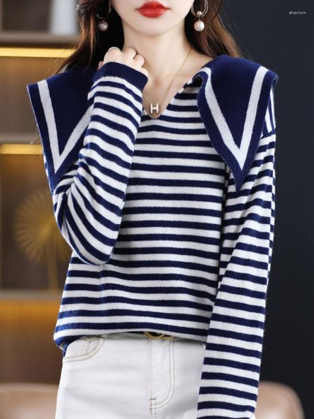 Maglioni da donna Maglione Pullover colletto blu navy Camicia inferiore lavorata a maglia a righe autunnali e invernali