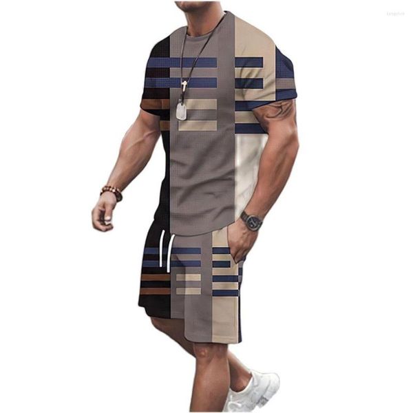 Tute da uomo 2023 Abiti da uomo primaverili ed estivi Motivo a righe T-shirt a maniche corte con stampa 3D Pantaloncini casual Set a due pezzi Oversize