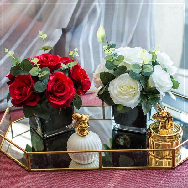 Flores decorativas para sala de estar flor preta criativa hortênsia vaso de vidro artificial ornamentos conjunto decoração estética