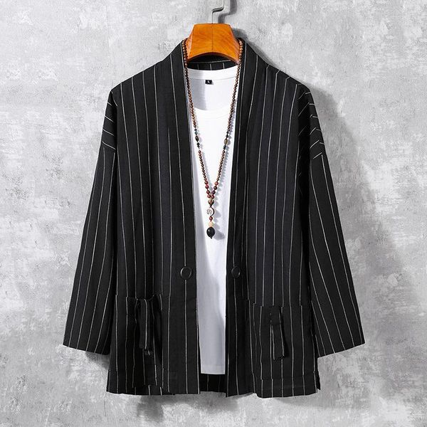 Мужские куртки № 4258 Черно -белый синий серо -серовавый хлопчатобумажный белье полосатый кимоно