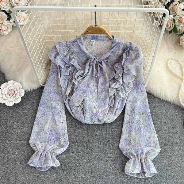 Blusas femininas com lacinho falbala chiffon sem forro peça superior de design feminino sensação pequena blusa floral solta
