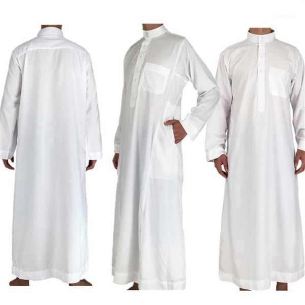 Roupa masculina islâmica de manga comprida branca Jubba Thobe Abaya Dubai Arábia Saudita Tradicional Ramadã Eid Árabe Robes182u