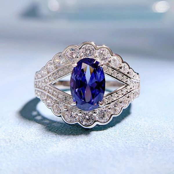 Anéis Cluster 2023 925 Prata Importada Azul da Tanzânia 6 9mm Corte Oval Diamante de Alto Carbono Sweet Ins